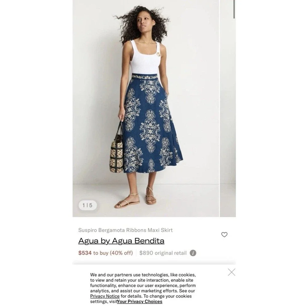 Agua Bendita Bergamota Ribbons 100% Linen Baroque Floral Maxi Skirt Boho Resort